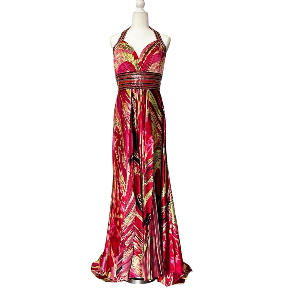 Red Halter Maxi Dress with Abstract Print